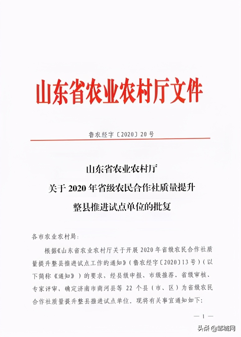 邹城市成功获批省级农民合作社质量提升整县推进试点单位